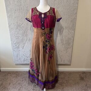 Authentic Handmade Indian Long Gown Dress Embroidered Beaded‎ Purple S-M